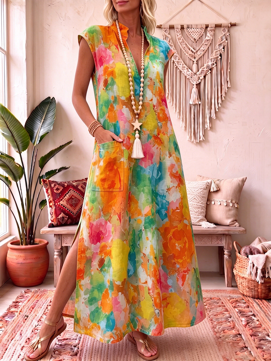 Artistic Watercolor Print Cotton-linen Dress