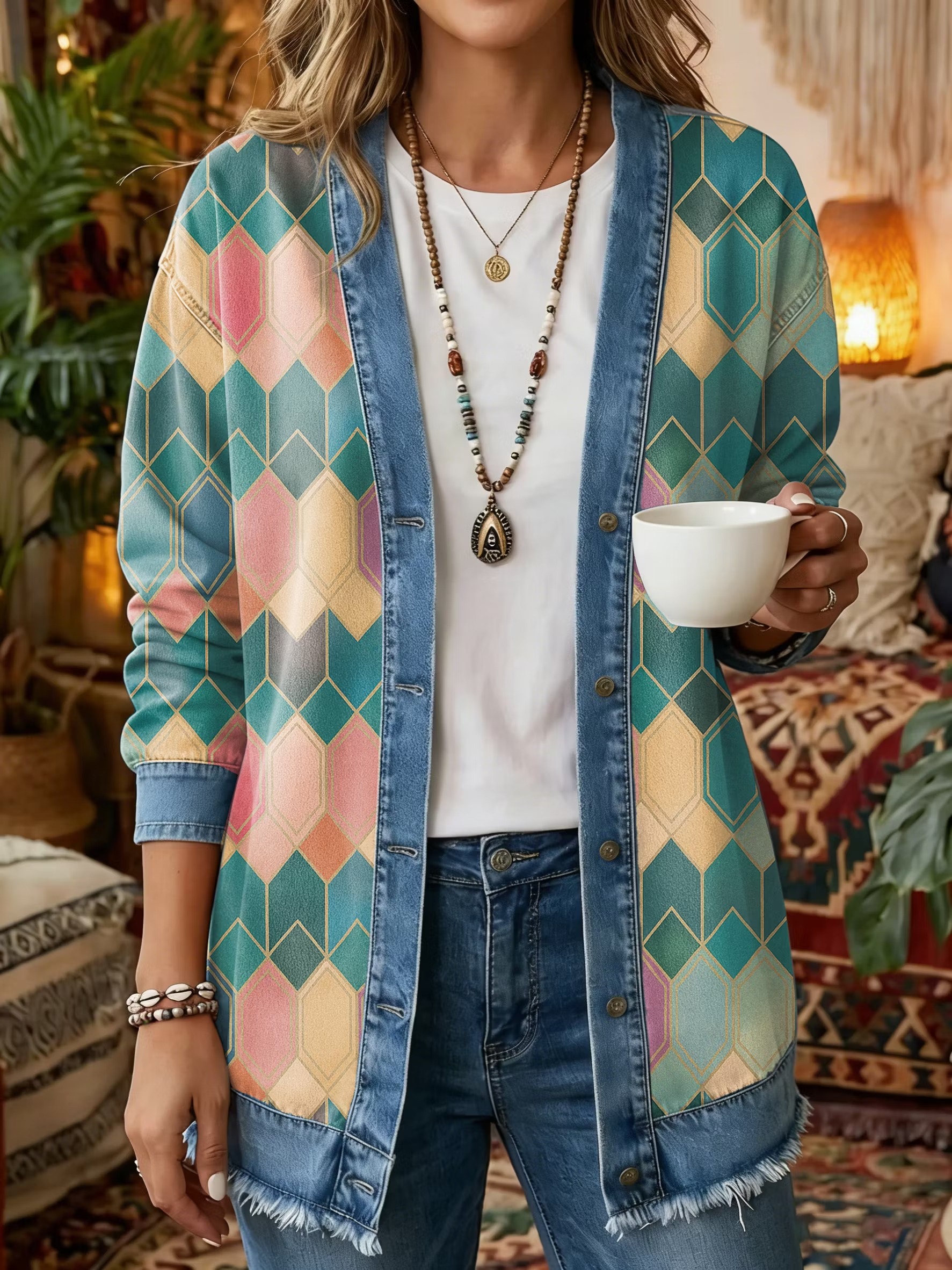 Women's Vintage Pattern Art Print Casual Long-sleeve Shirt Jacket
