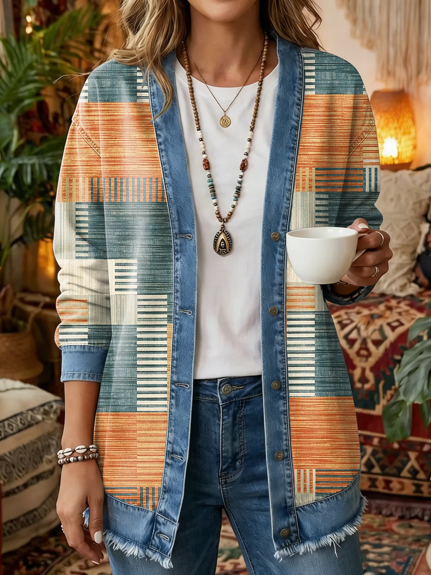 Women's Vintage Pattern Art Print Casual Long-sleeve Shirt Jacket