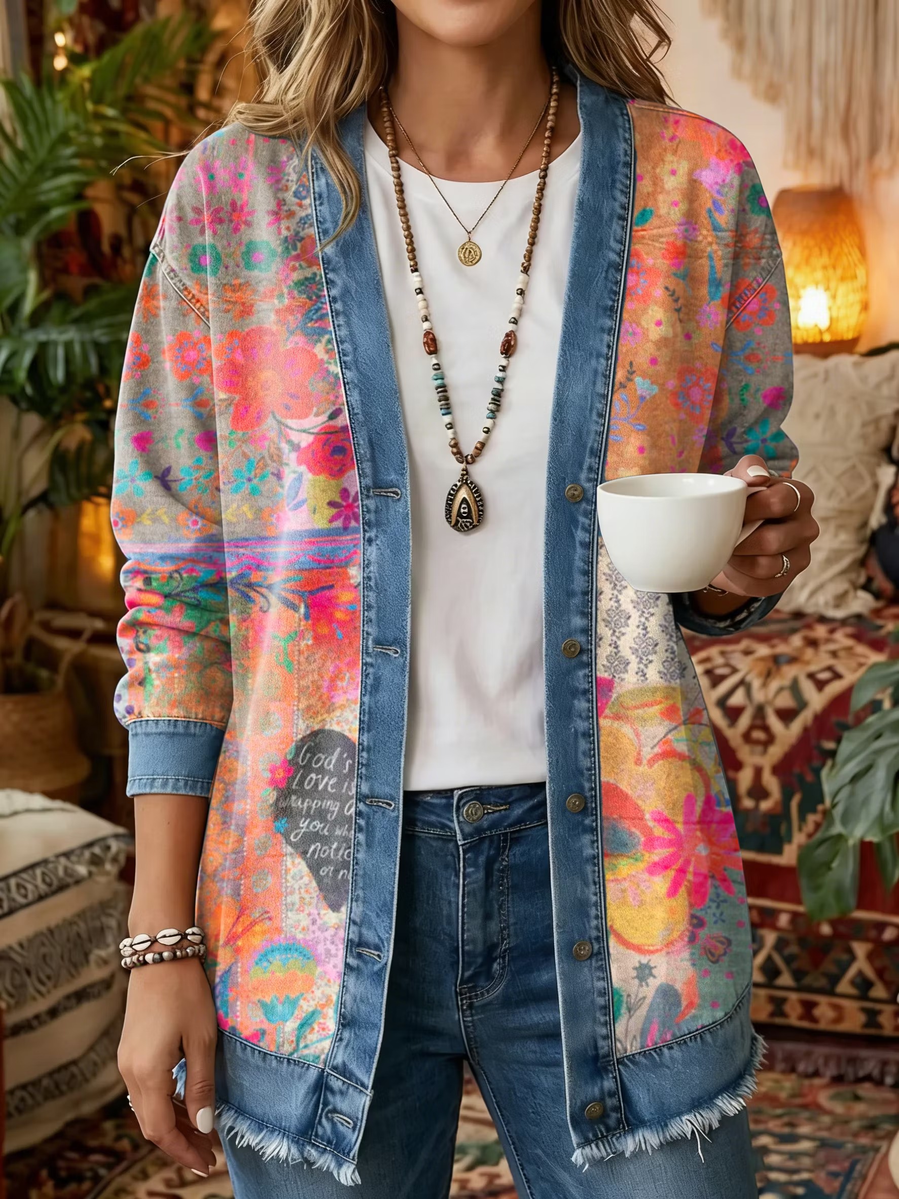 Women's Vintage Pattern Art Print Casual Long-sleeve Shirt Jacket