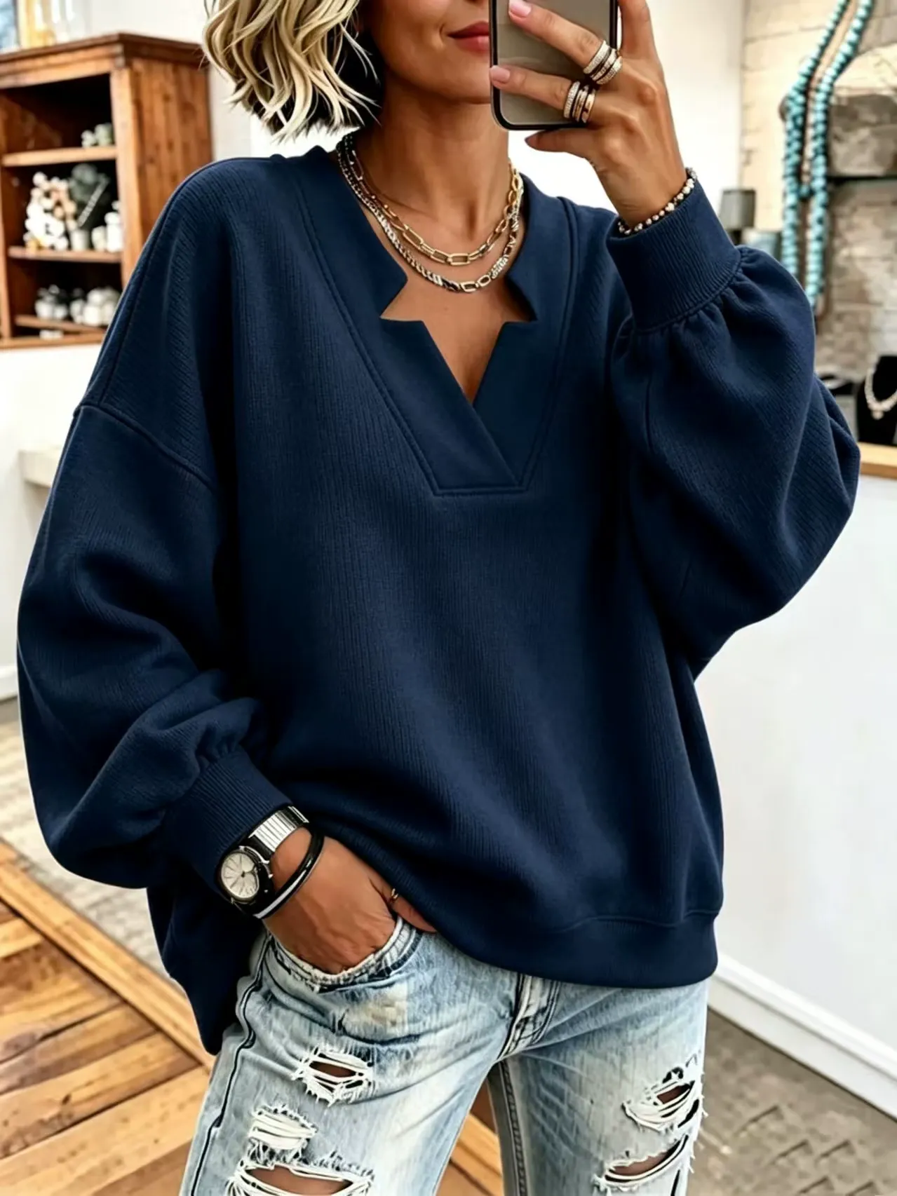 Cozy Cuffs V-neckline Oversized Sweatshirt