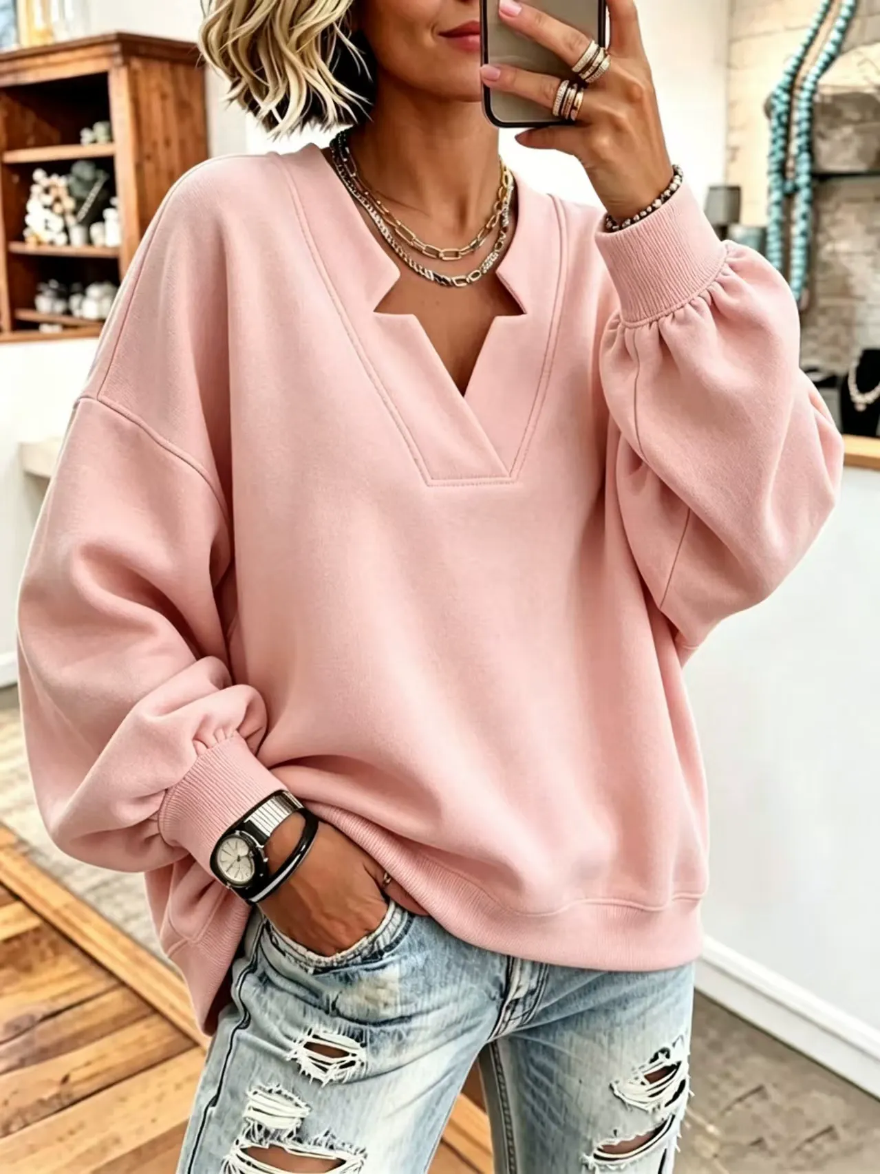 Cozy Cuffs V-neckline Oversized Sweatshirt