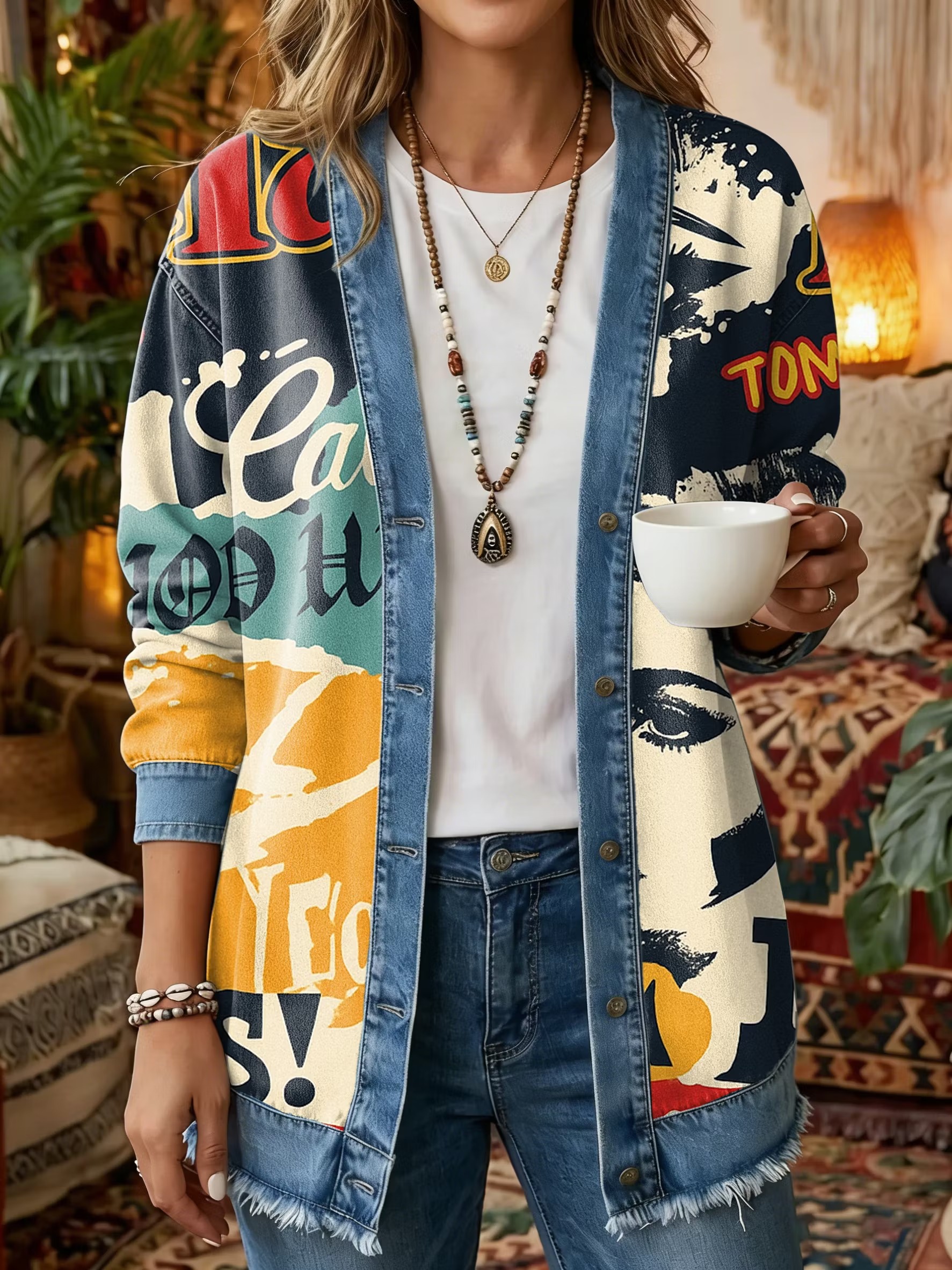 Women's Vintage Pattern Art Print Casual Long-sleeve Shirt Jacket