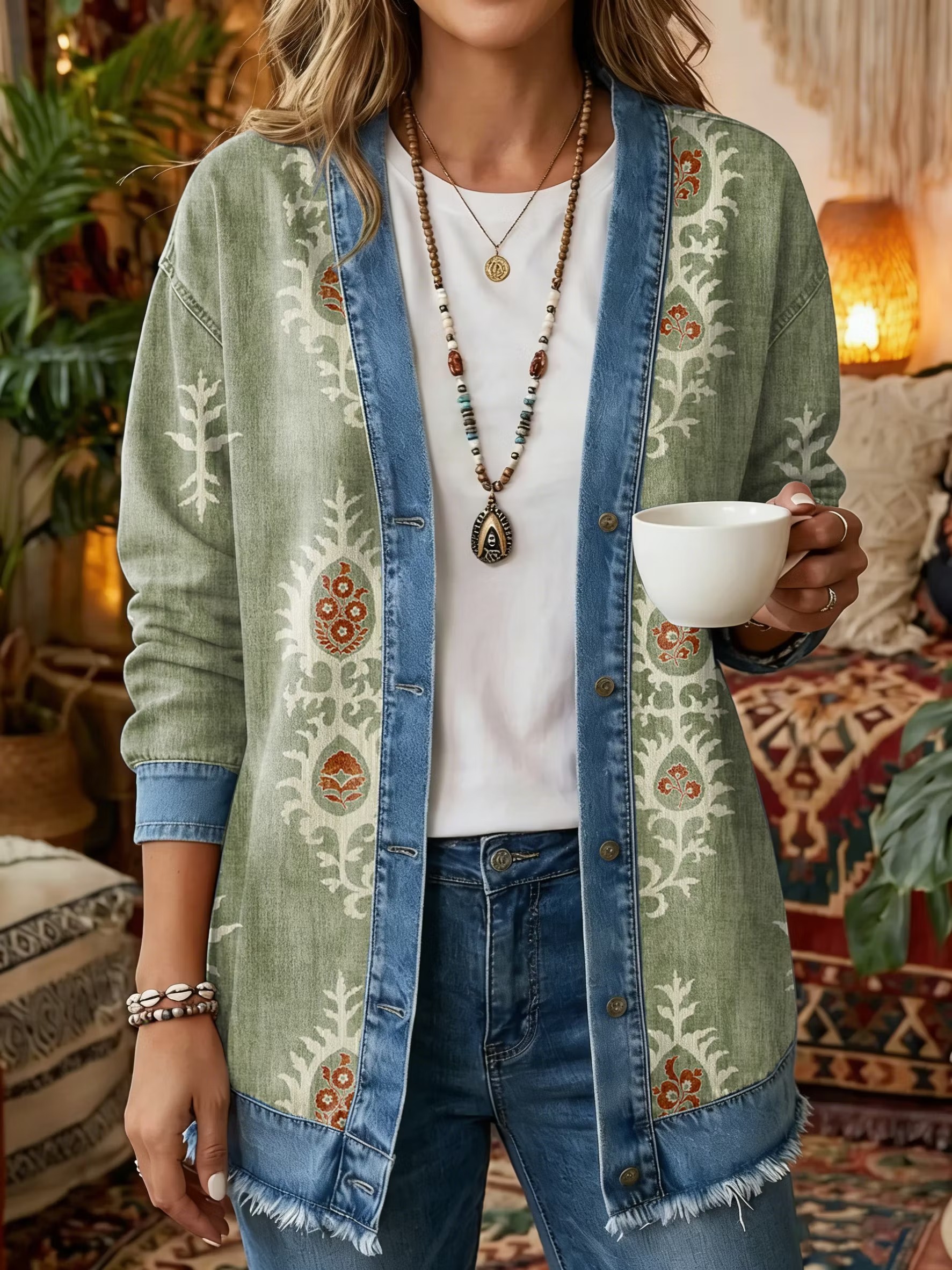 Women's Vintage Pattern Art Print Casual Long-sleeve Shirt Jacket