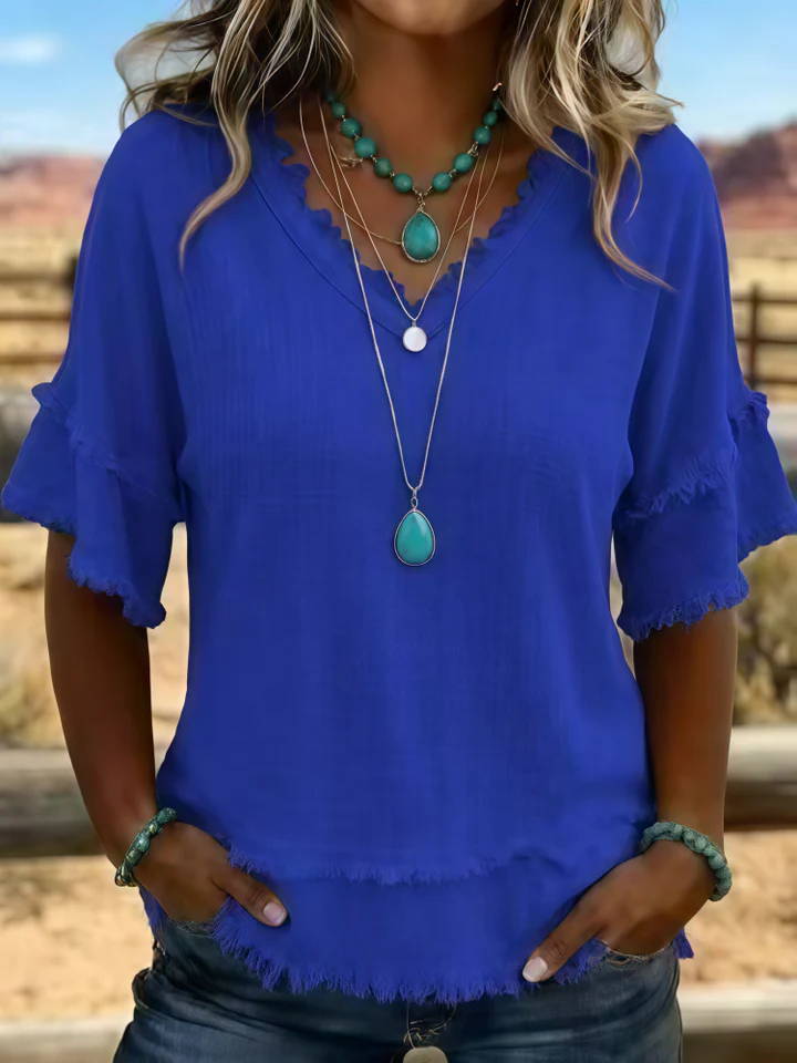 Women's Linen Blend Fringe V-Neck Top