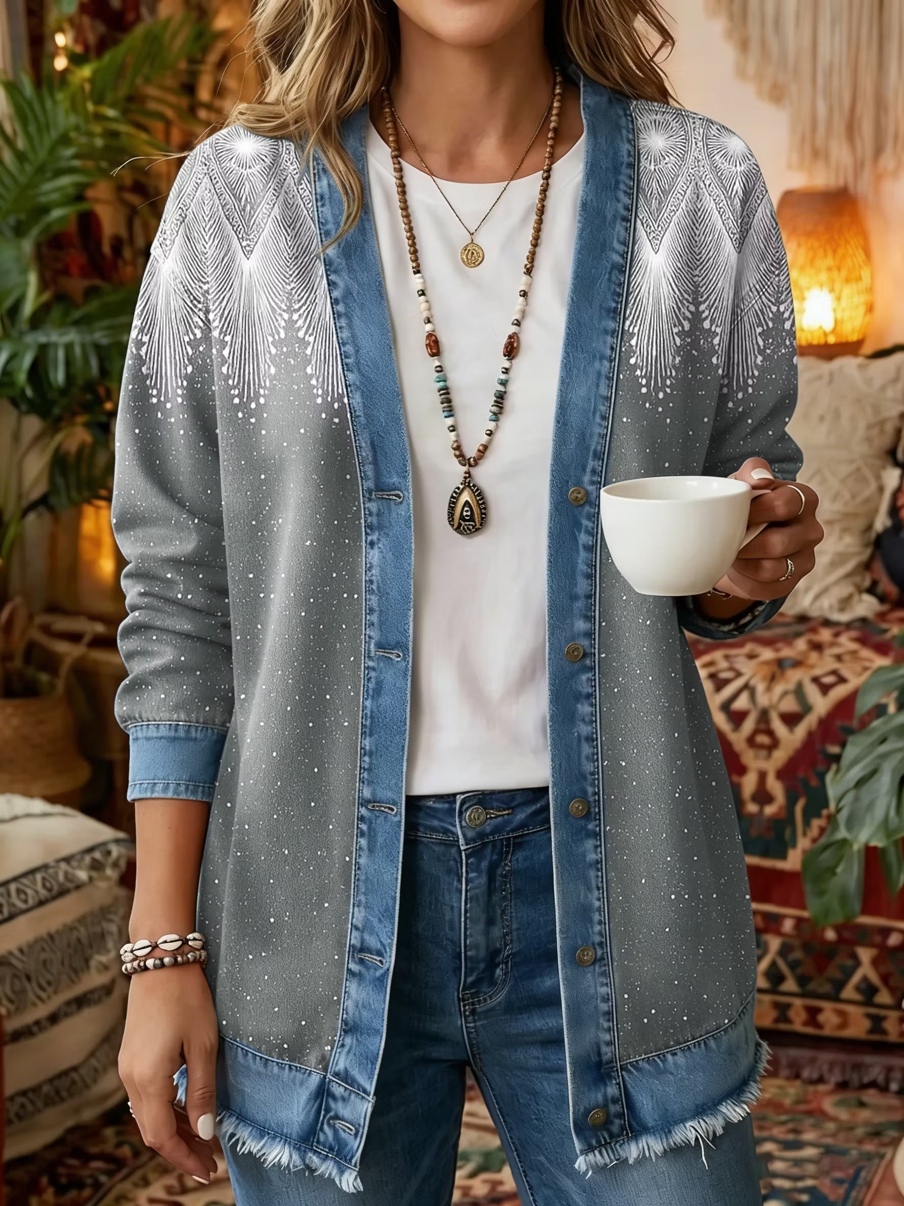Women's Vintage Pattern Art Print Casual Long-sleeve Shirt Jacket