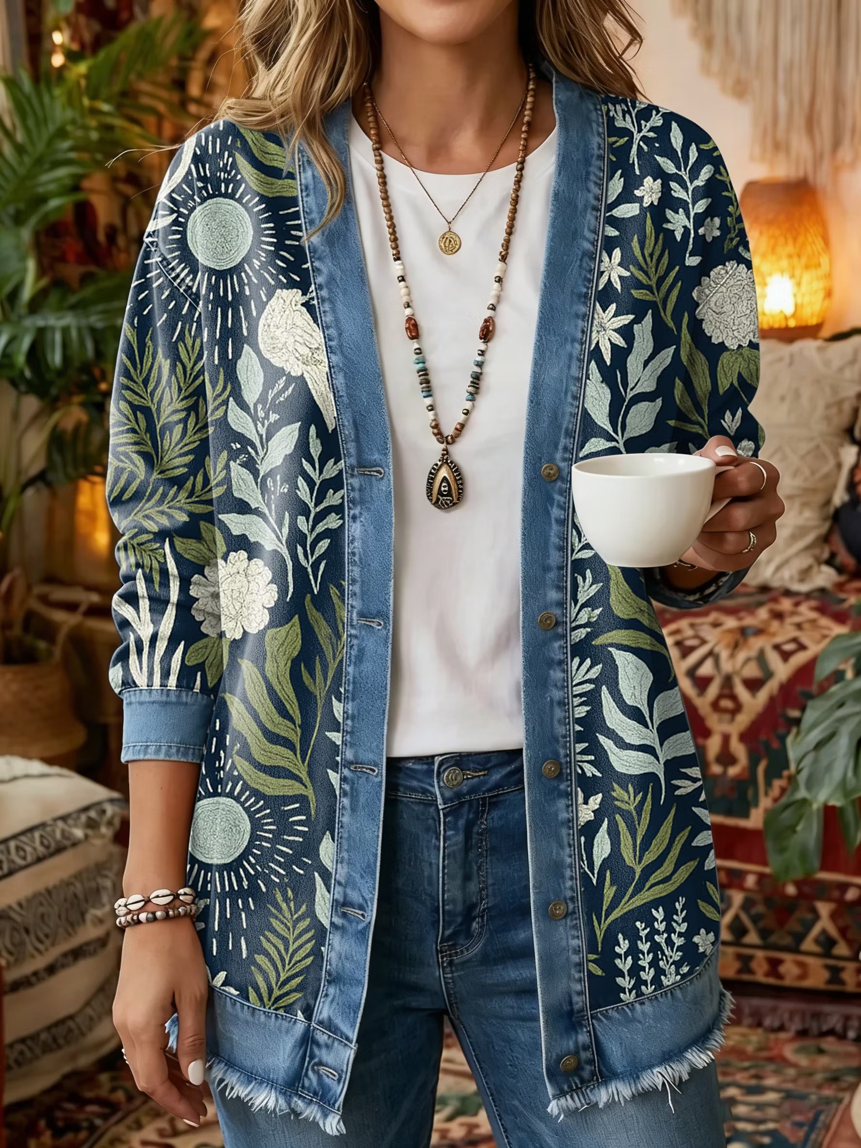 Women's Vintage Pattern Art Print Casual Long-sleeve Shirt Jacket