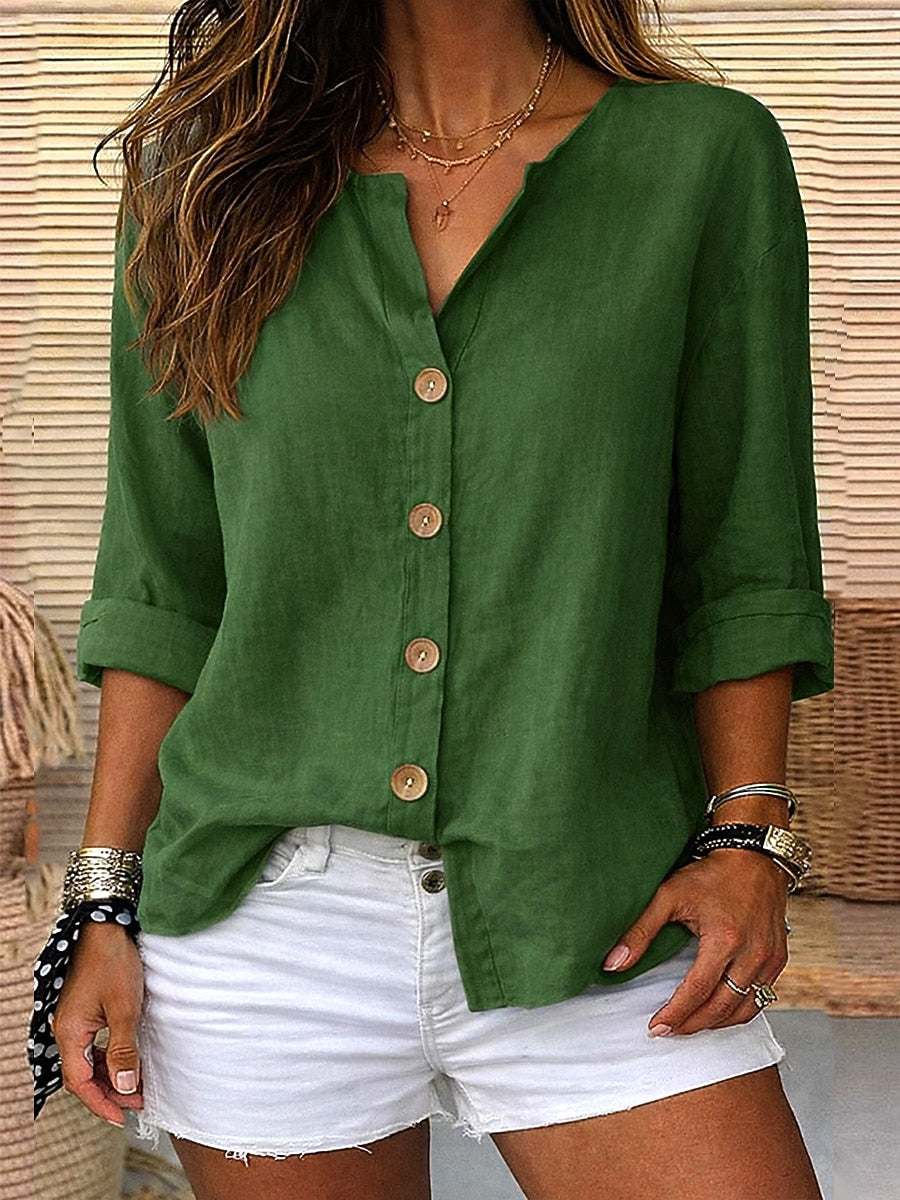 Women's Linen Button V-Neck Blouse Casual 3/4 Sleeve Top for Spring, Summer & Fall