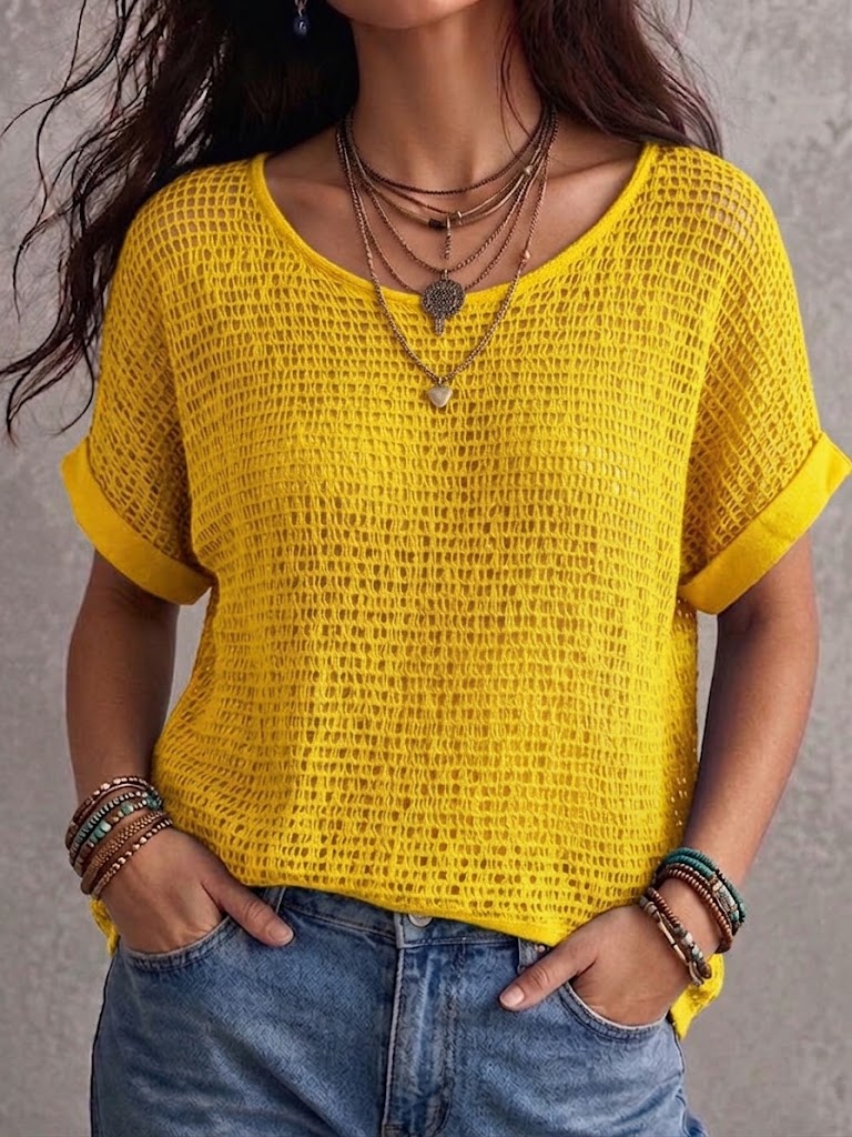 Round Neck Hollow Grid Roll Cuff Short Sleeve Knit Cover Up Top