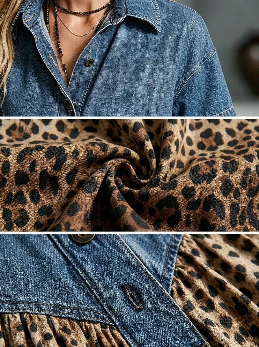 Women’s Denim Spliced Gradient Leopard Print Shirt Midi Dress