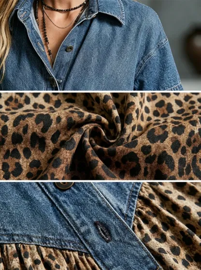 Women’s Denim Spliced Gradient Leopard Print Shirt Midi Dress