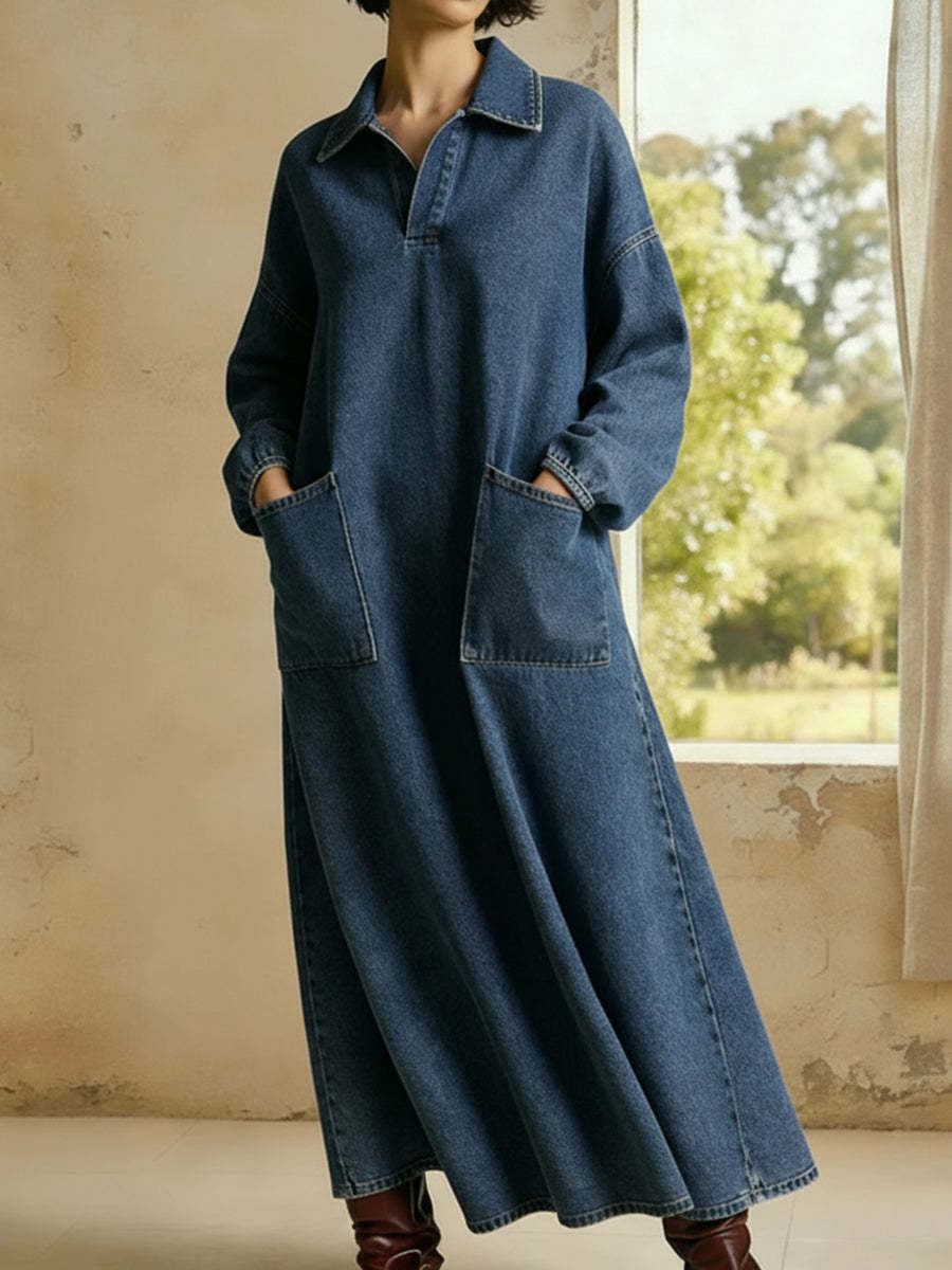 Casual Polo-neck Denim Dress