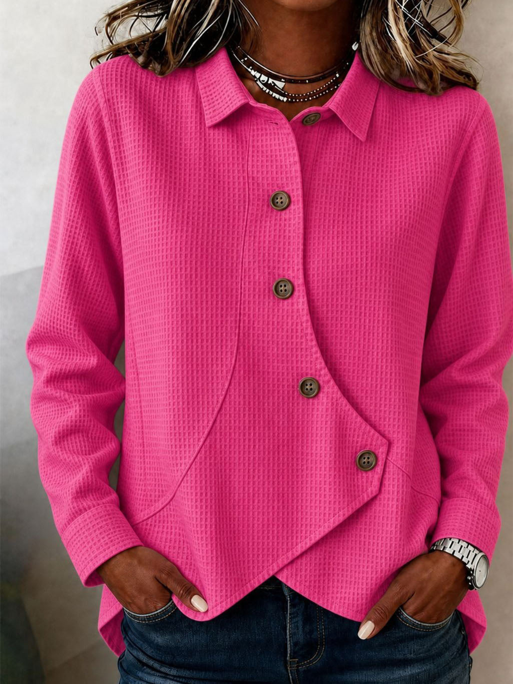 Chic Asymmetric Button-front Waffle-knit Blouse