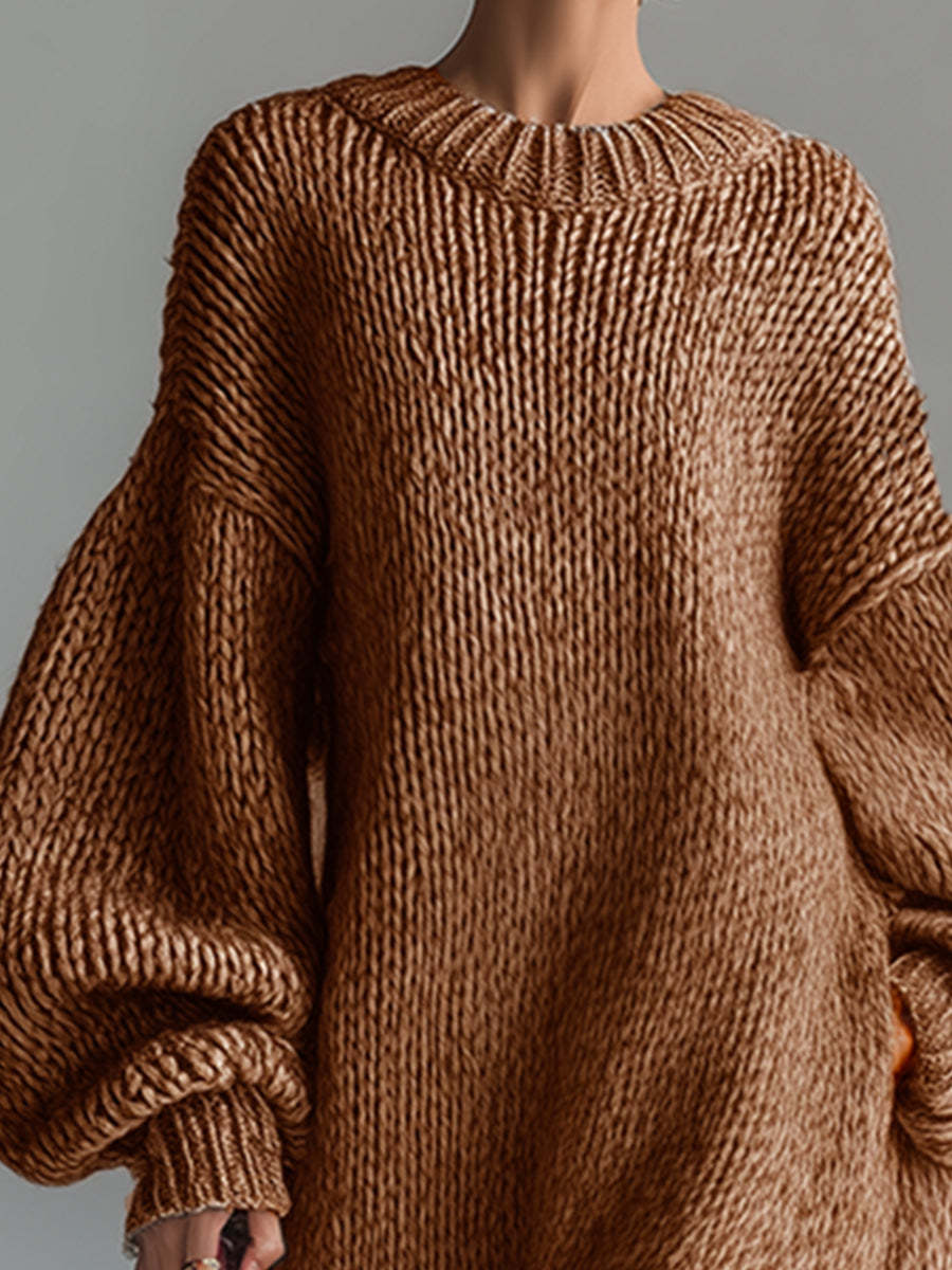 Elegant Urban Silhouette Round Neck Heathered Khaki Knitted Maxi Dress