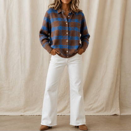Plaid Knit Shirt-Collar Cardigan
