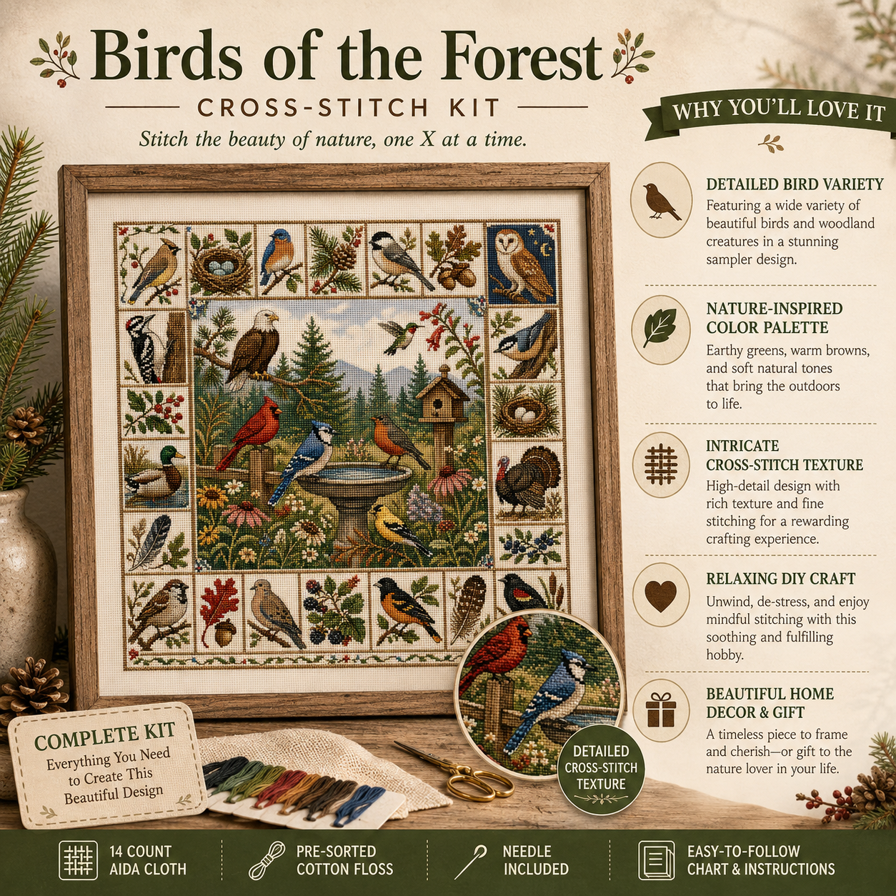 🐦 Birds of America Cross Stitch Kit