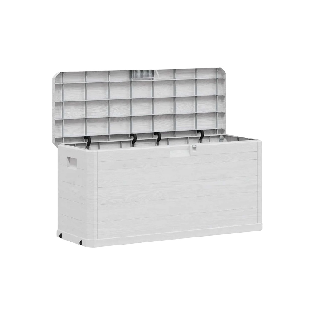 Coffre de rangement extérieur en plastique, design imitation bois blanc-williammila.shop