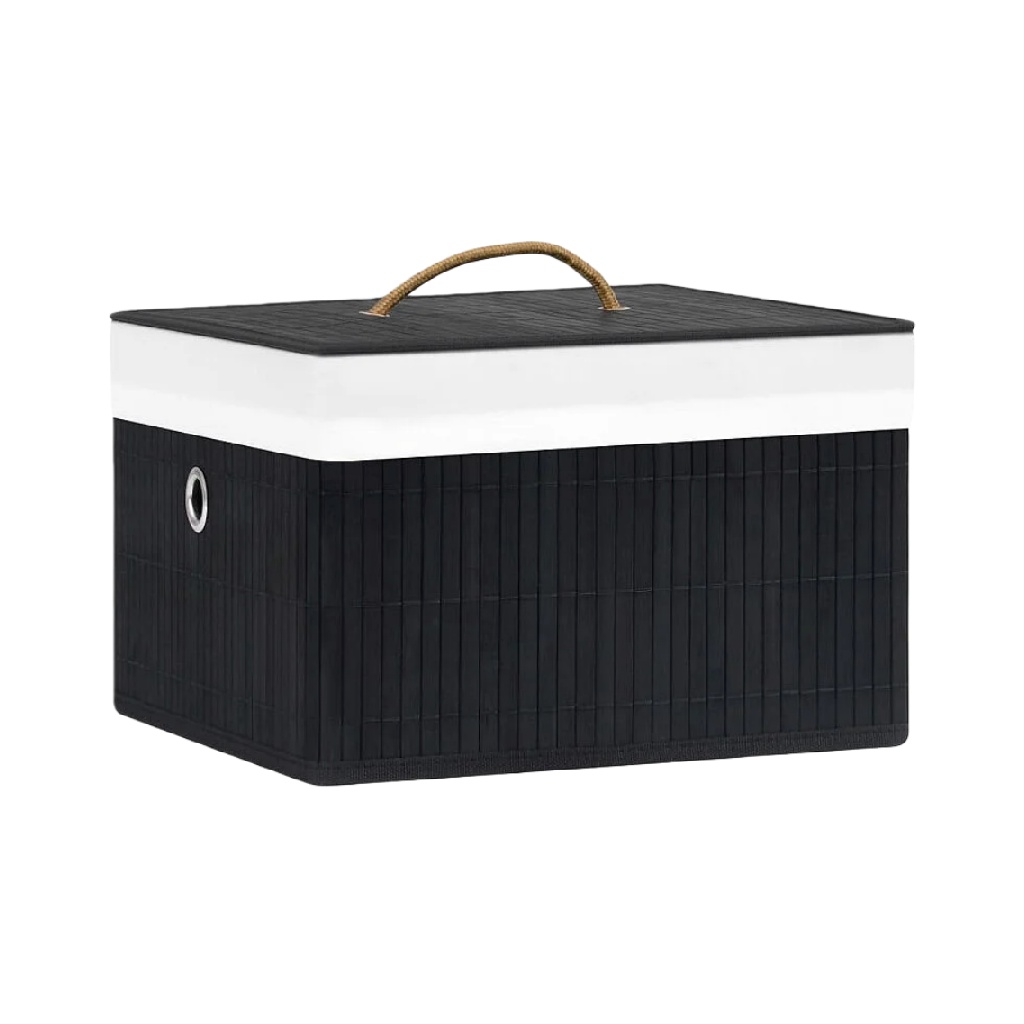 Panier de rangement en bambou noir avec poignée et couvercle blanc-williammila.shop