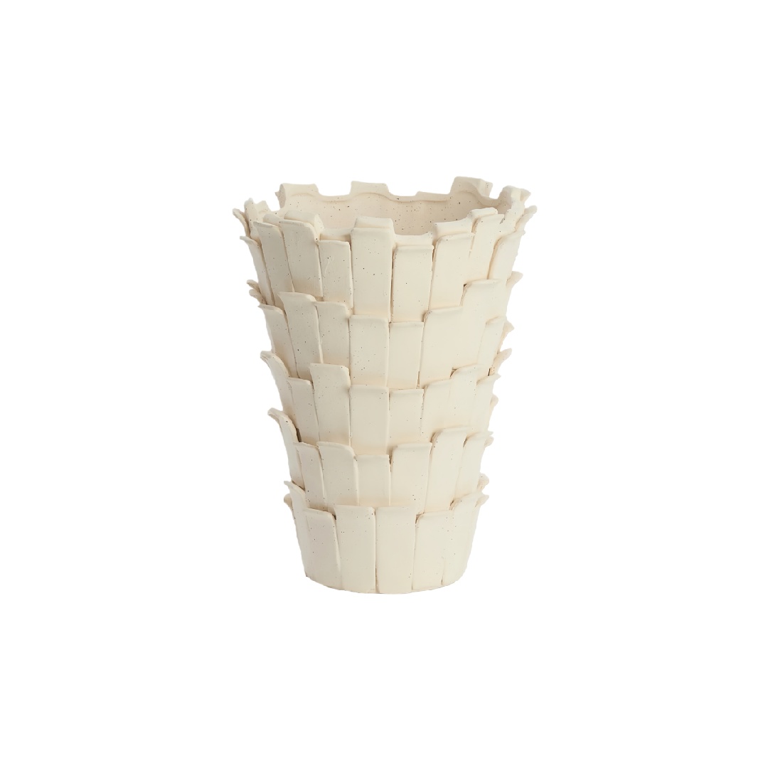 Tiered Architectural Ceramic Planter - Matte Cream Stacked Texture Decorative Pot-lqhardware.com