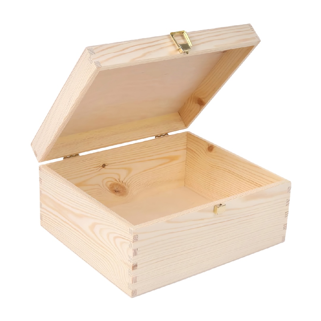Solid Wood Storage Box with Hinged Lid and Metal Latch, Natural Finish-lqhardware.com