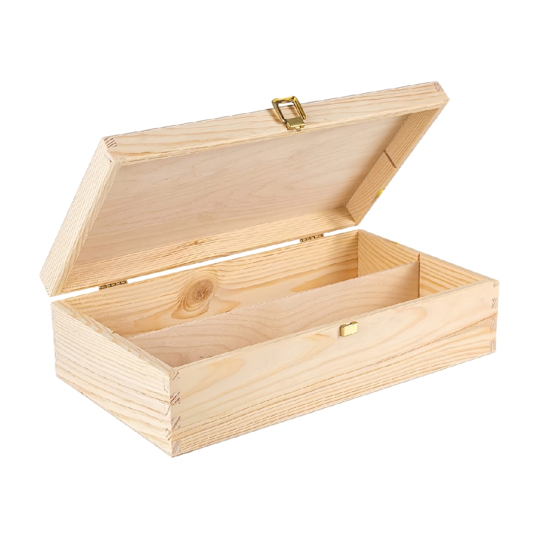 Solid Wood Storage Box with Hinged Lid, Metal Latch, and Interior Divider, Natural Finish-lqhardware.com