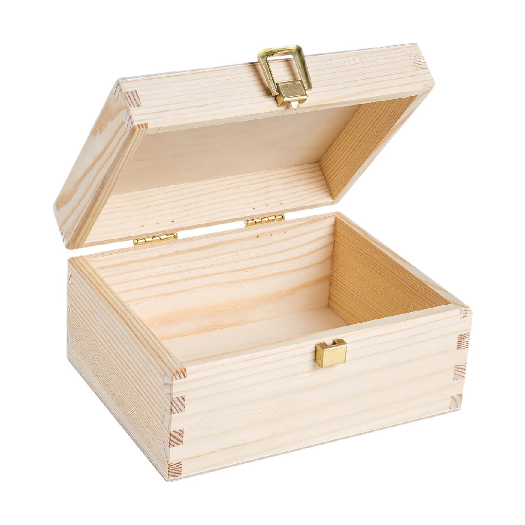 Small Unfinished Pine Wood Treasure Box with Gold-Tone-lqhardware.com