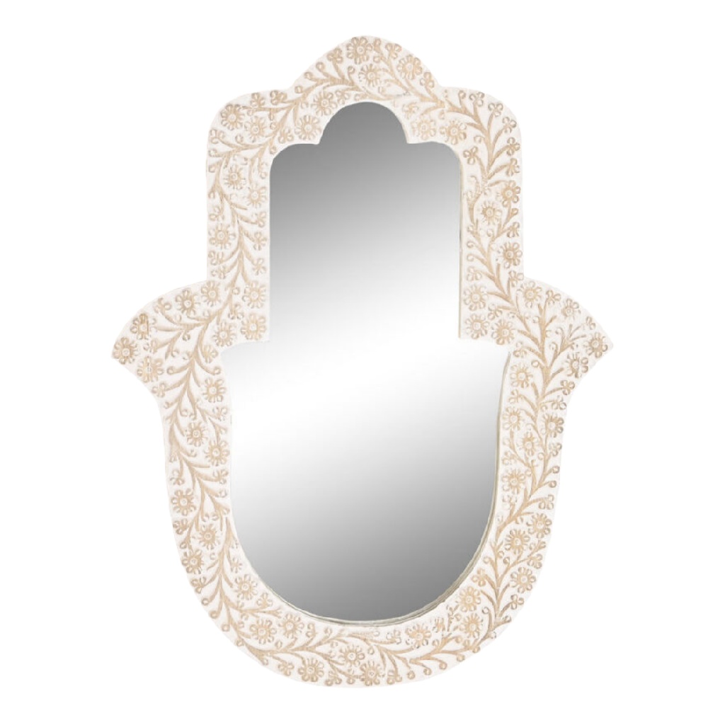 Espejo decorativo estilo oriental con forma de mano de Fátima, marco tallado blanco envejecido, para pared-davidteresa.shop