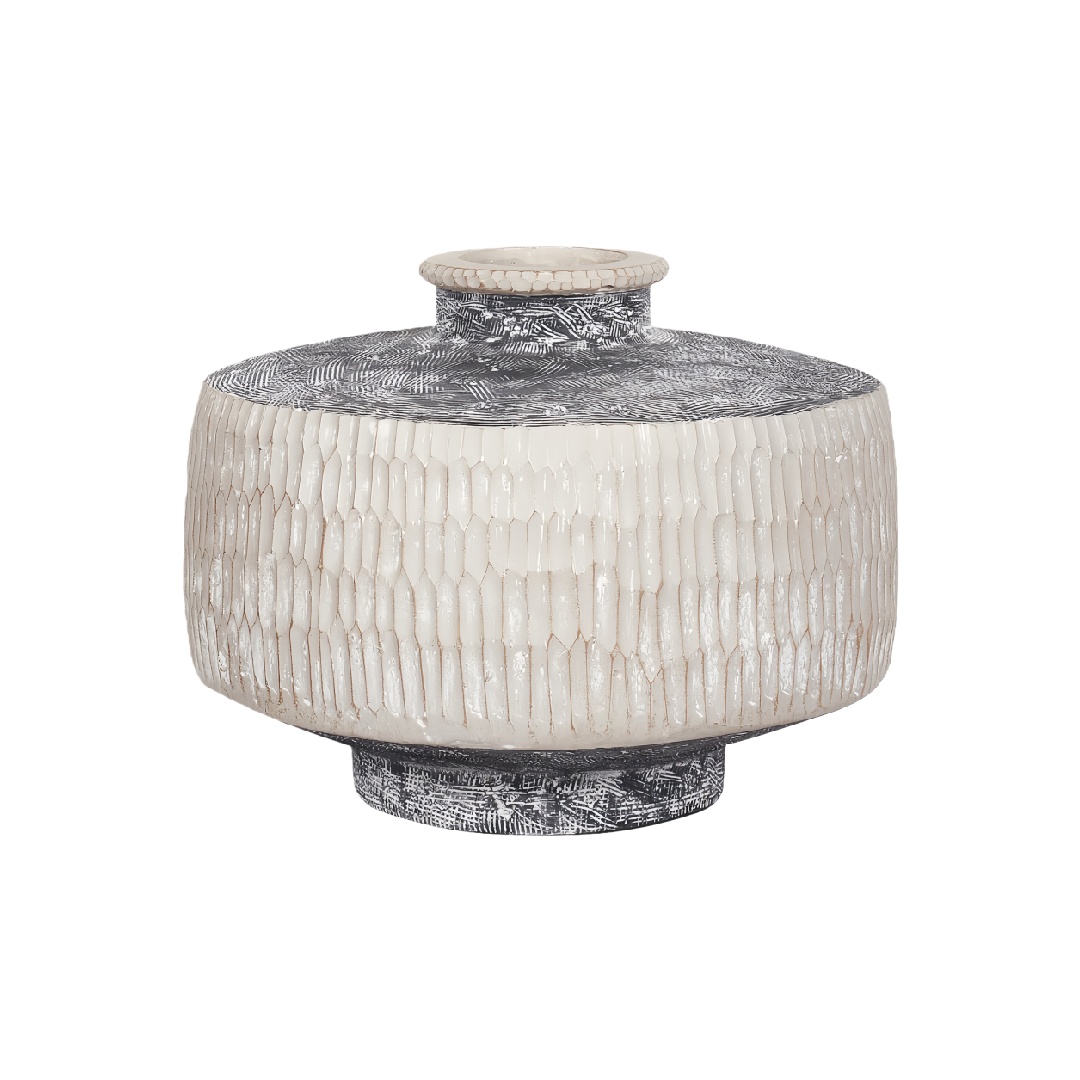 Modern Hand-Carved White and Grey Stoneware Vase - 9 inch Low Profile Textured Decorative Bowl-lonniebrownlee.shop