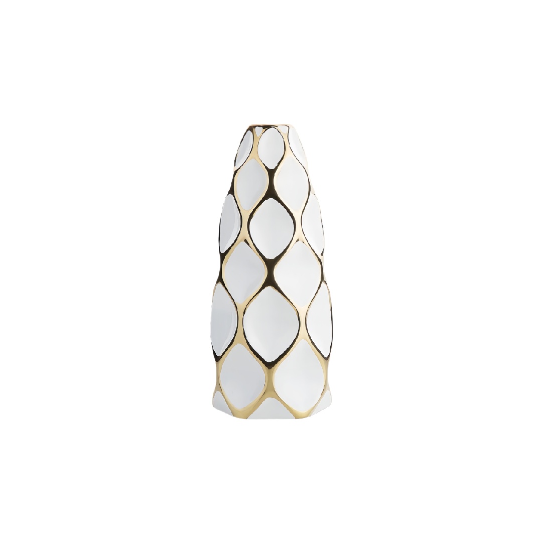 Contemporary White and Gold Lattice Ceramic Vase - 13 inch Geometric Sculptural Decorative Vase-lonniebrownlee.shop