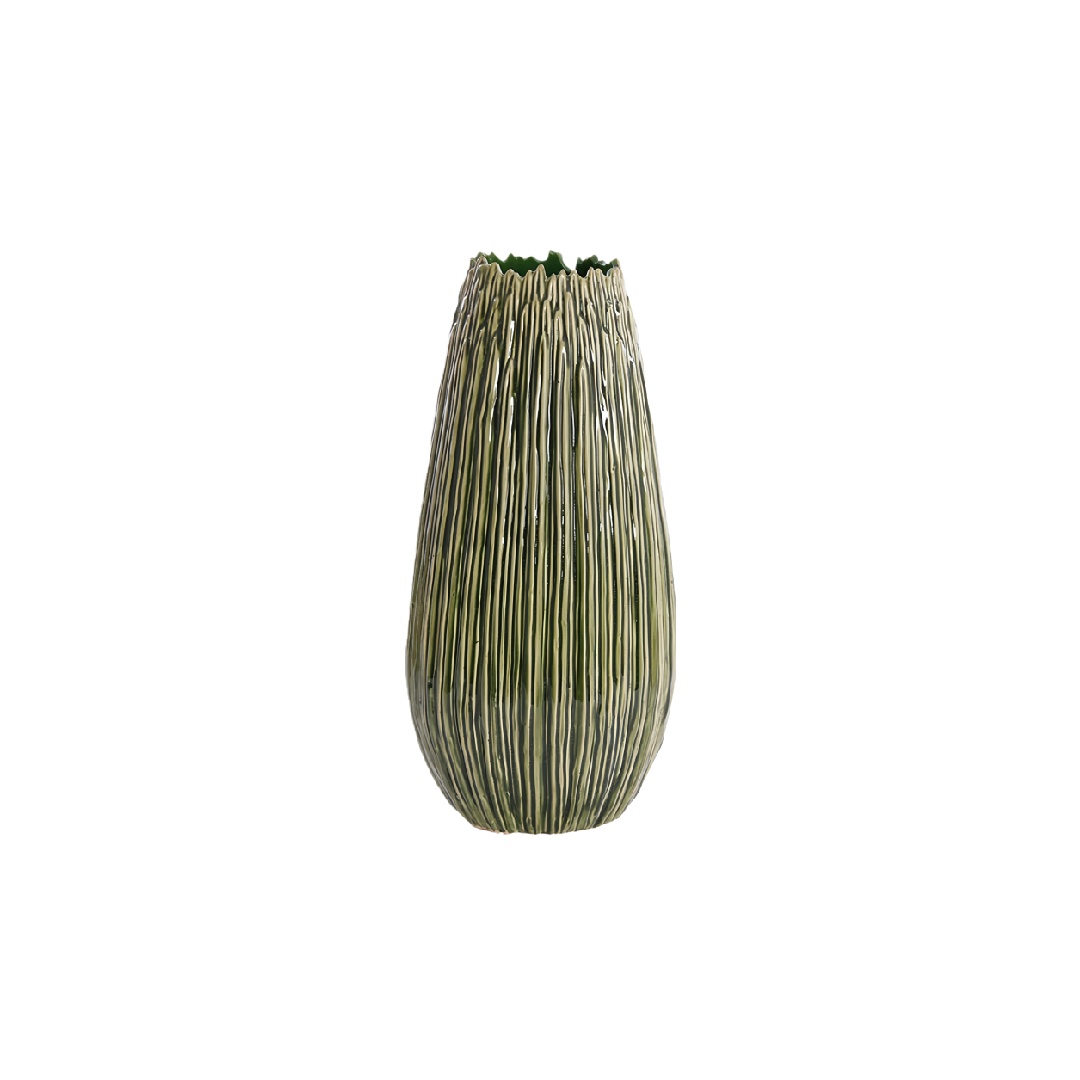 Modern Textured Forest Green Ceramic Vase - 12-inch Vertical Ribbed Decorative Pot-lonniebrownlee.shop