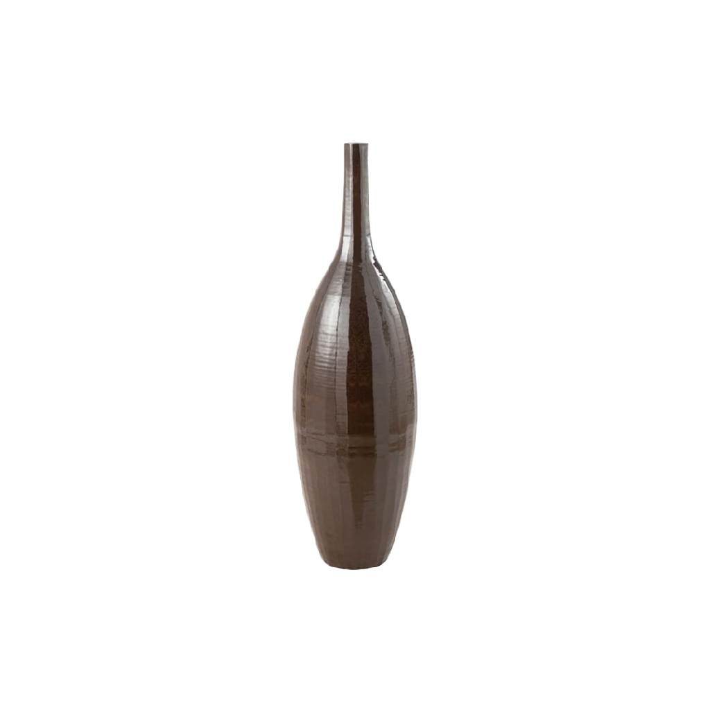 Slanke Donkerbruine Keramieken Vaas - Lineaire Textuur en Hoogglans-mollyconley.shop