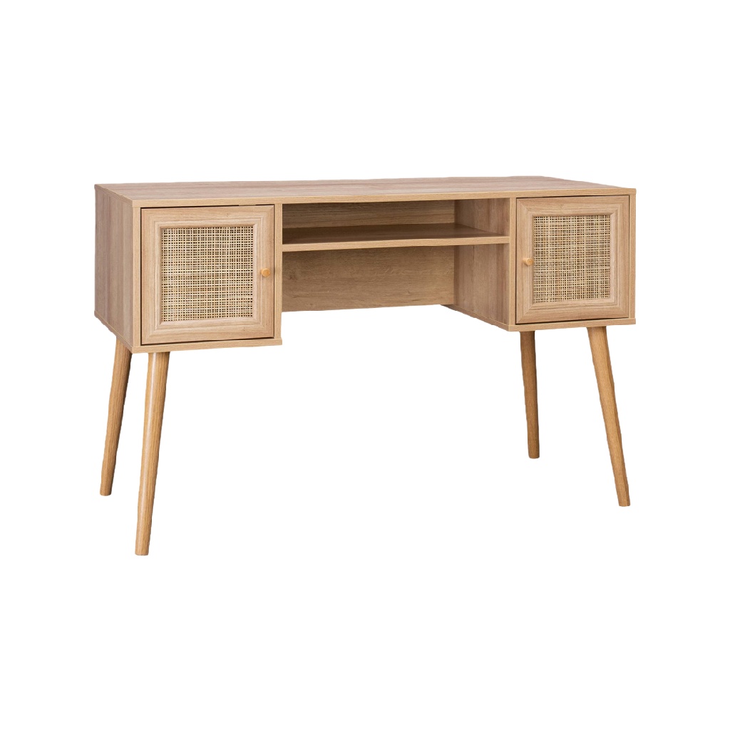 Bureau droit en bois avec portes en cannage et rangements intégrés-rogersrucker.shop