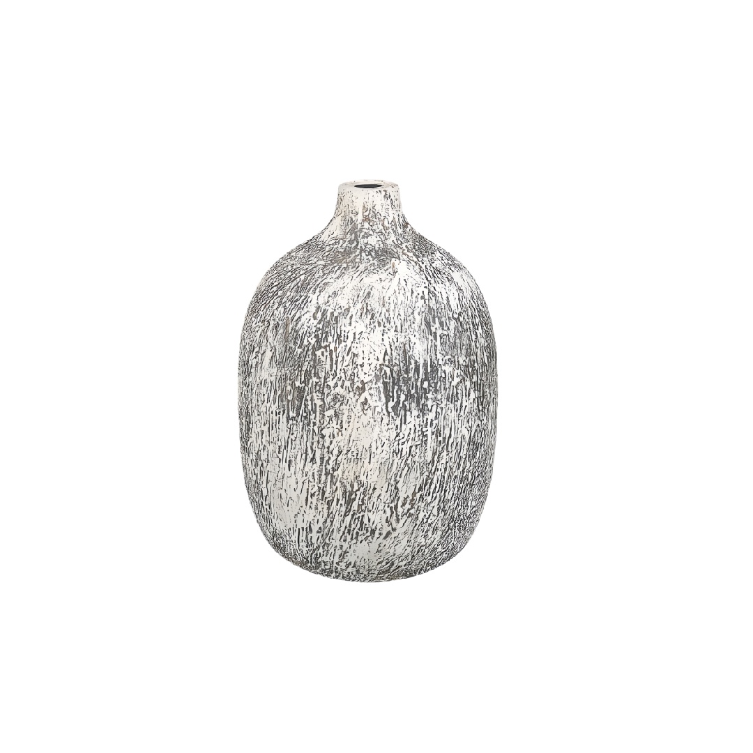 Modern Distressed White and Grey Ceramic Balloon Vase - 11 inch Textured Stoneware Decorative Vase-navysealonlone.shop