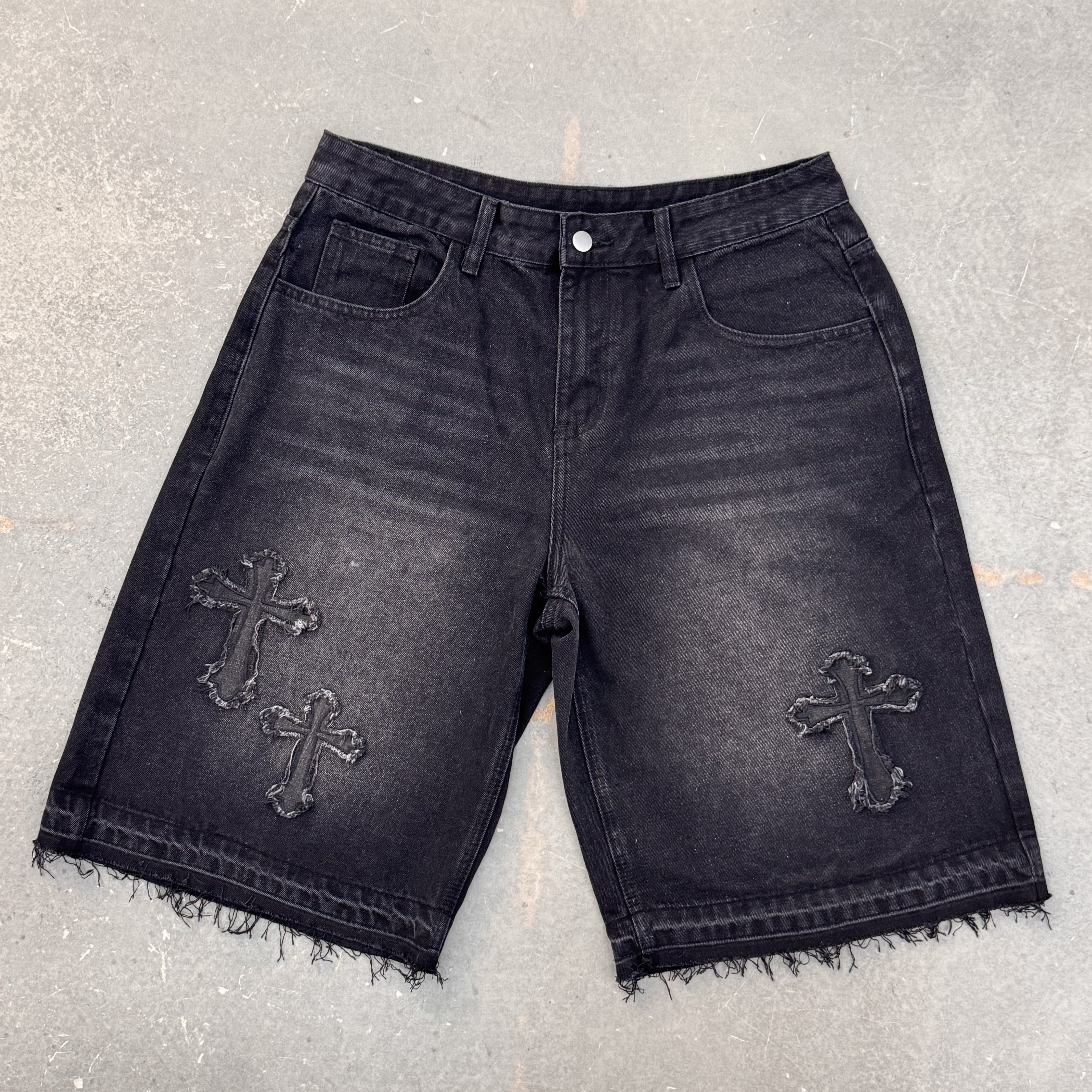 Vintage Hiphop Cross Appliqué Jorts Denim Shorts