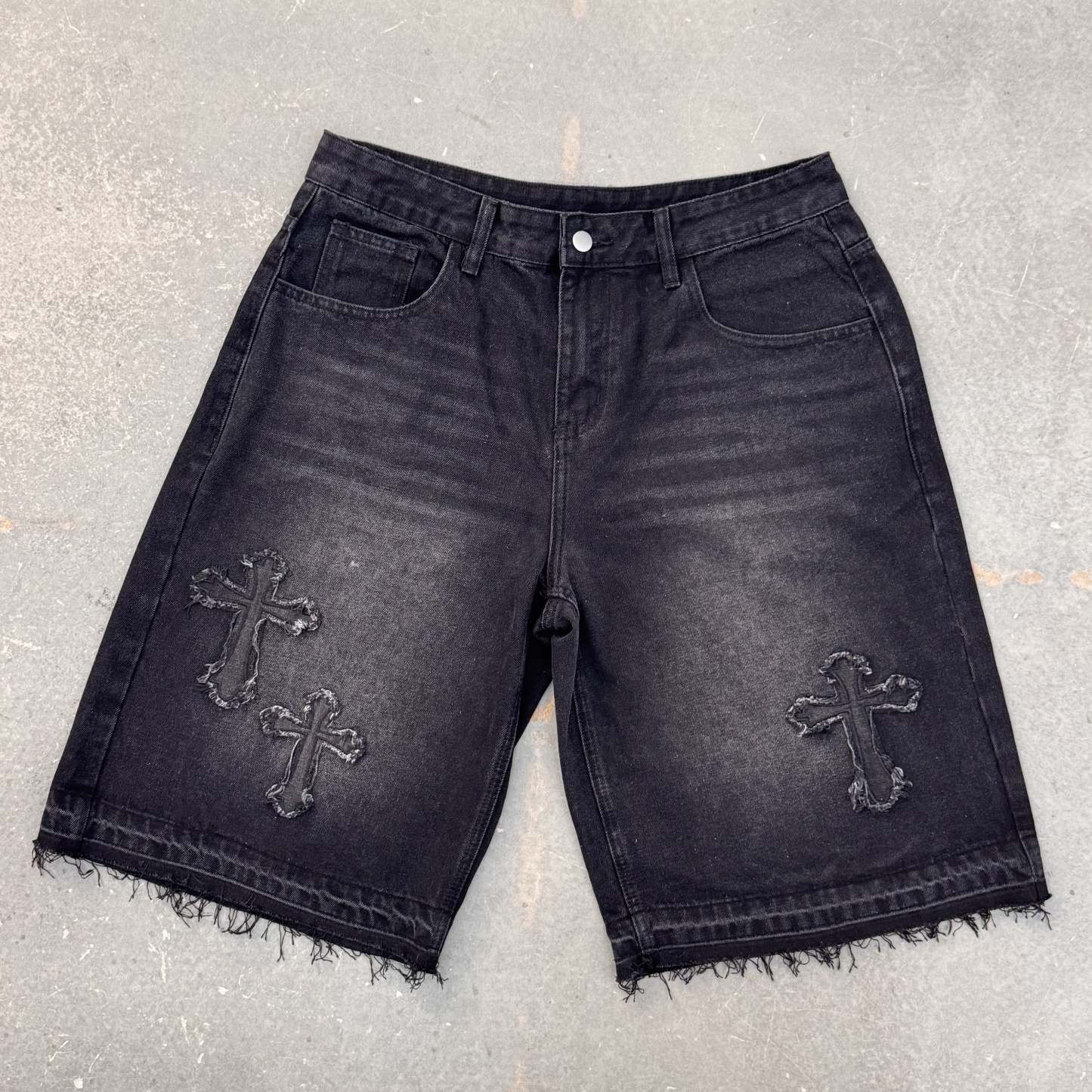 Vintage Hiphop Cross Appliqué Jorts Denim Shorts