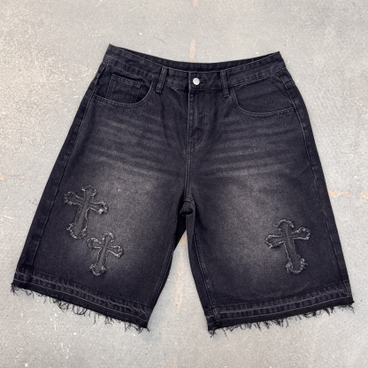 Vintage Hiphop Cross Appliqué Jorts Denim Shorts