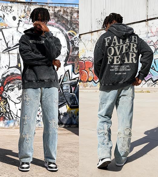 Men's Streetwear Denim Cross Embroidery Jeans