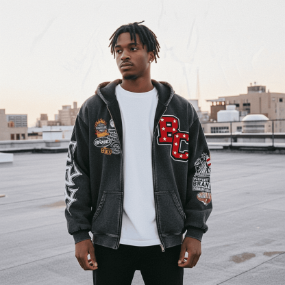 Vintage Warzone Peace Club Graphic Washed Zip-Up Hoodie