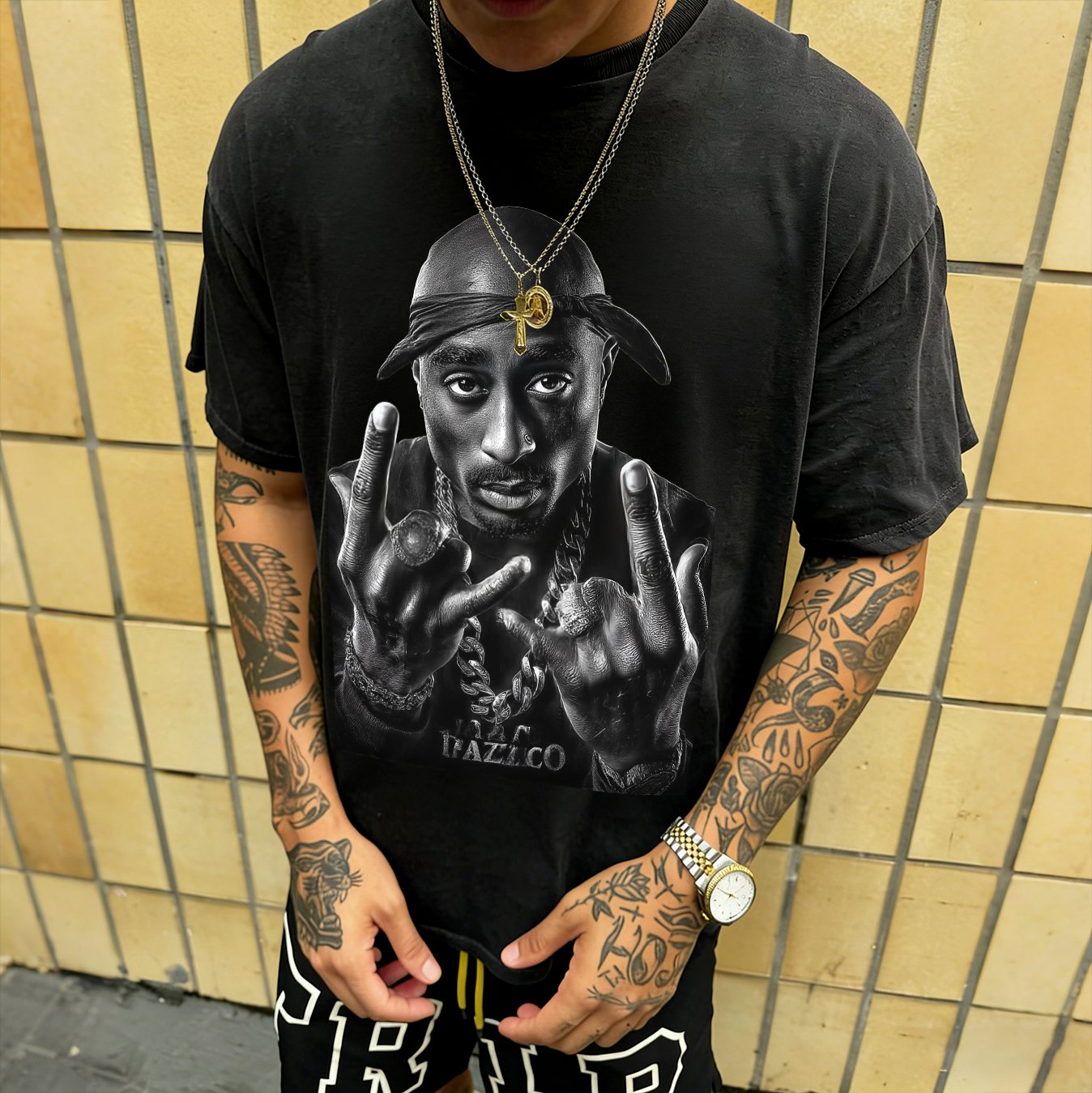 2Pac Shakur Hand Gesture Portrait Printed Men's T-shirt