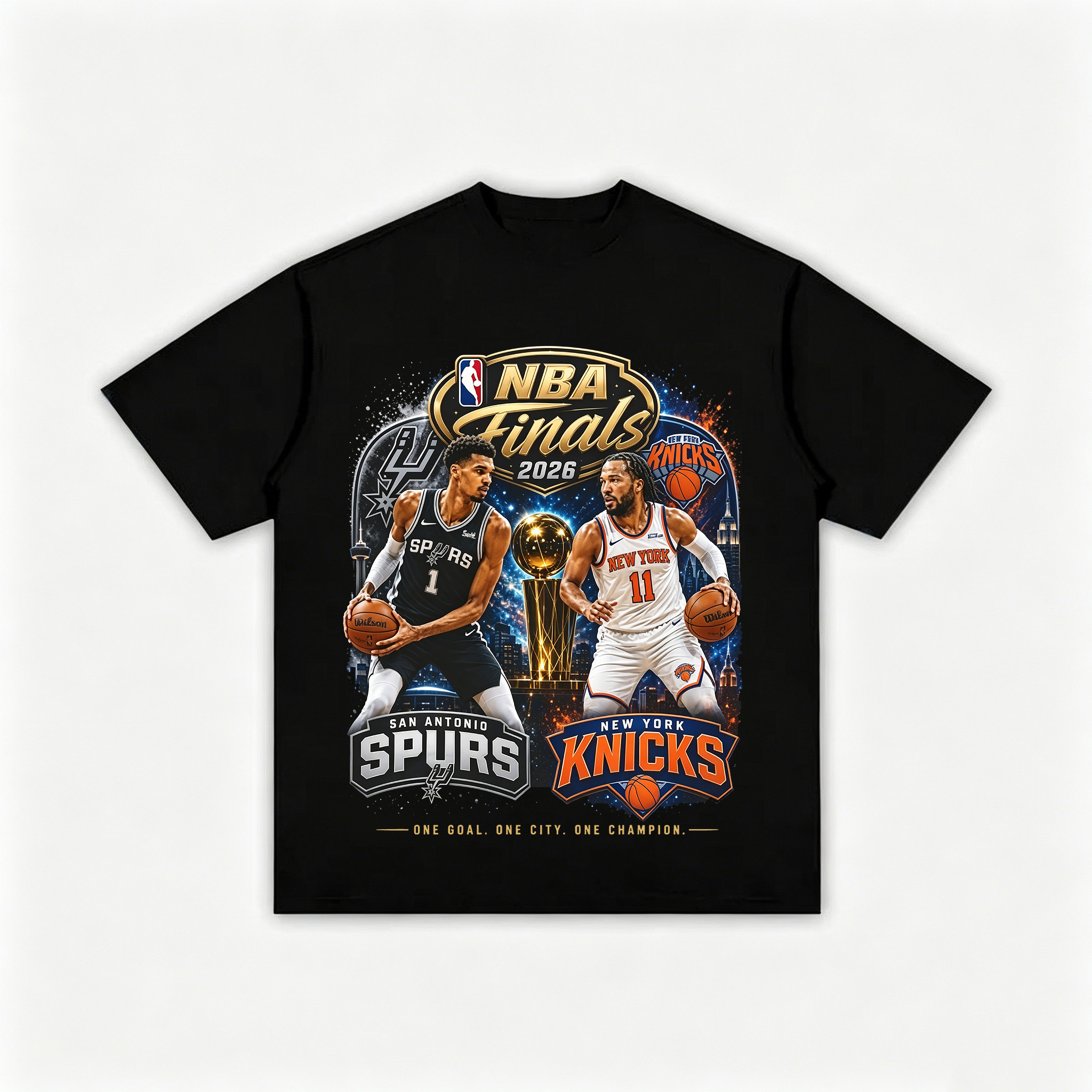 NBA Finals 2026 San Antonio Spurs VS New York Knicks One Goal One City One Champion Printed Men's T-shirt