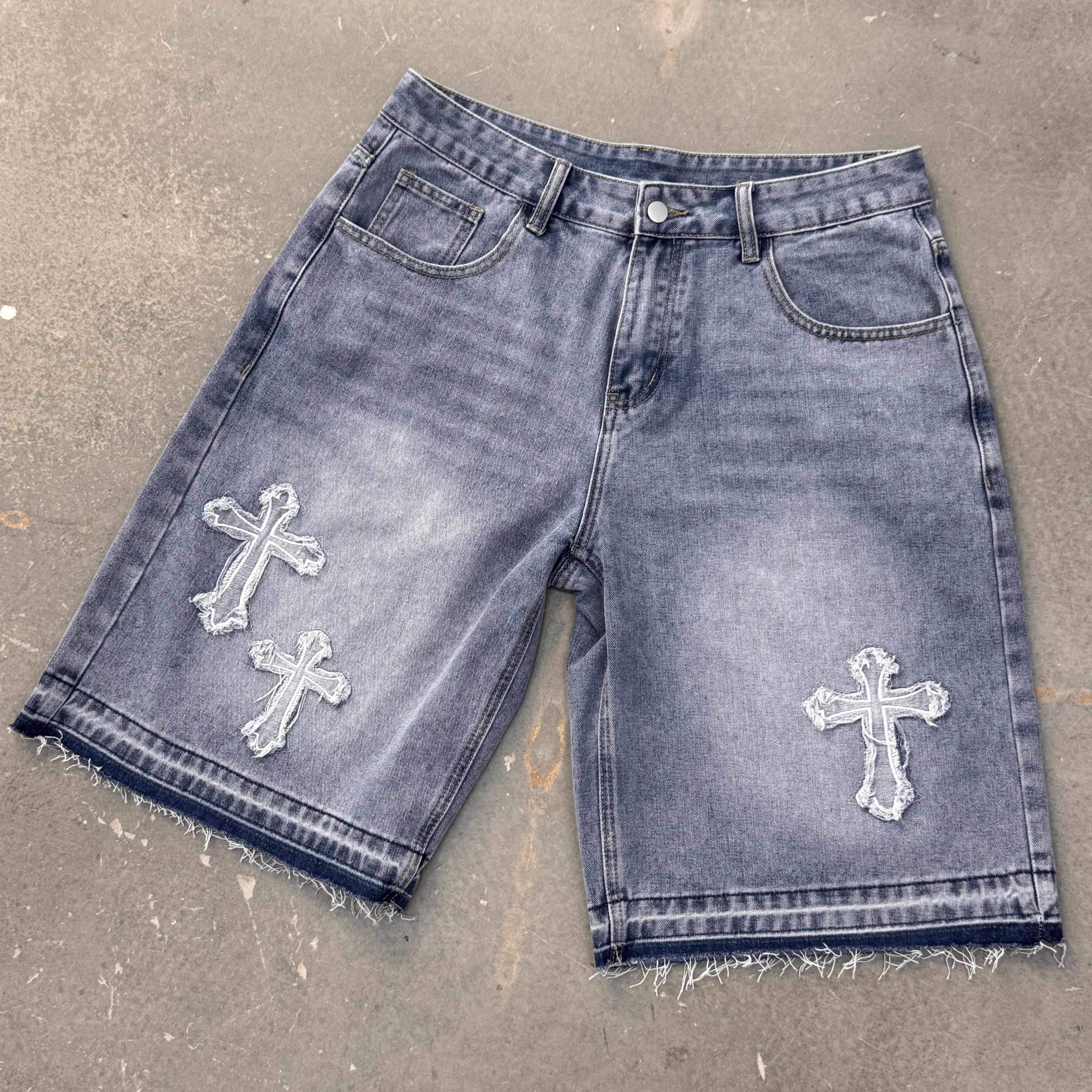 Vintage Hiphop Cross Appliqué Jorts Denim Shorts