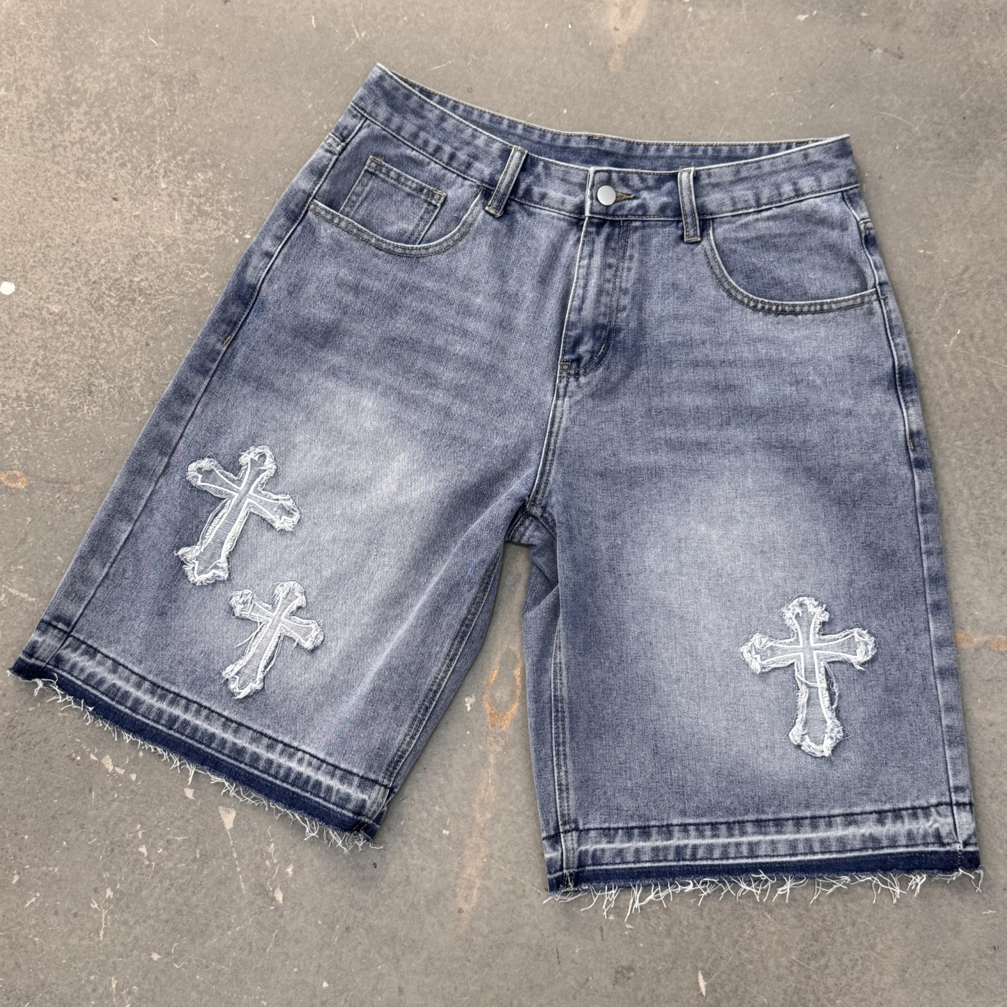 Vintage Hiphop Cross Appliqué Jorts Denim Shorts