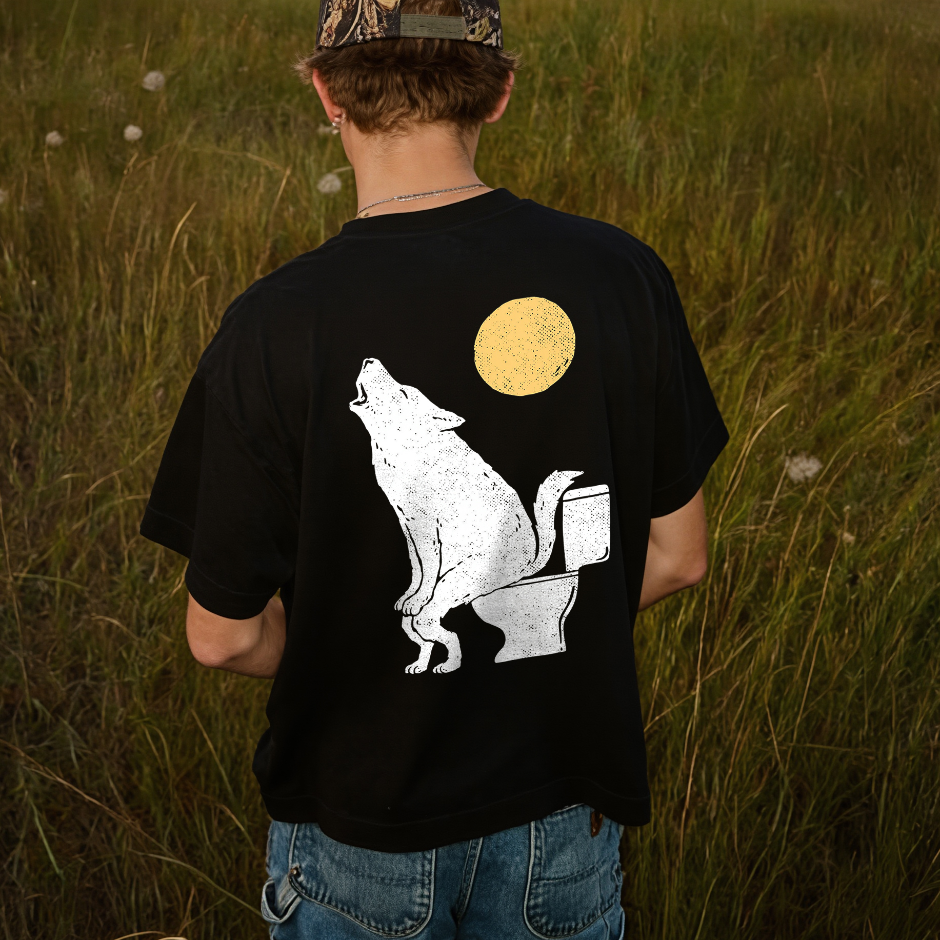 Wolf Howl At Moon Printed Men's T-shirt