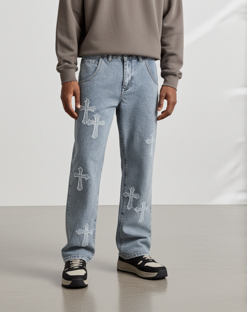 Men's Streetwear Denim Cross Embroidery Jeans