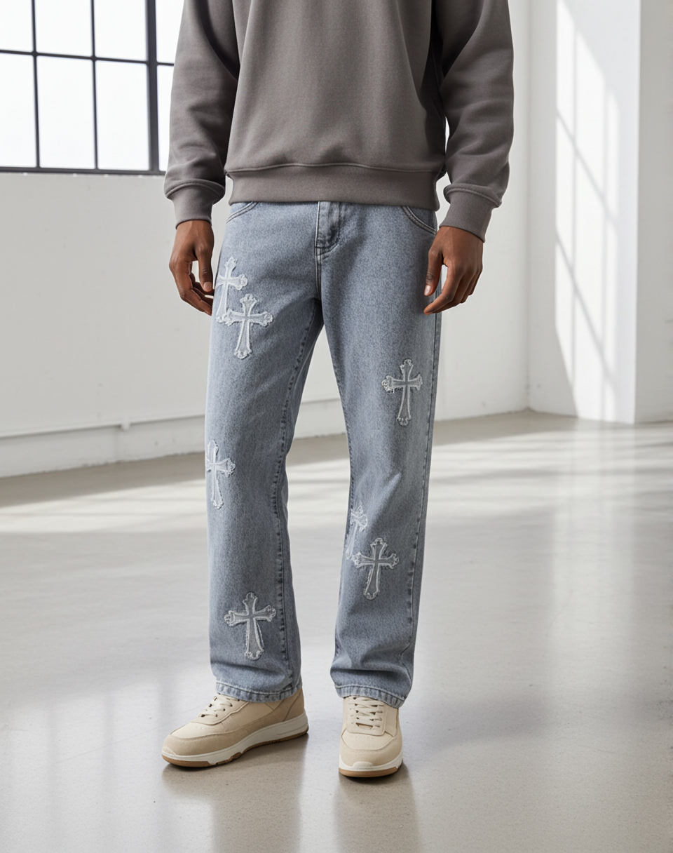 Men's Stylish Cross Cross Patch Street Jeans