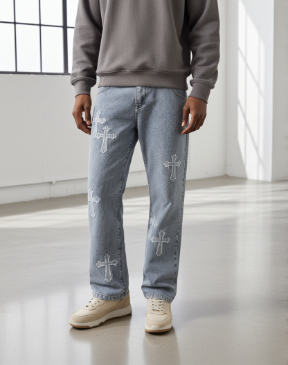 Men's Stylish Cross Cross Patch Street Jeans