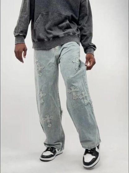 Men's Stylish Cross Cross Patch Street Jeans