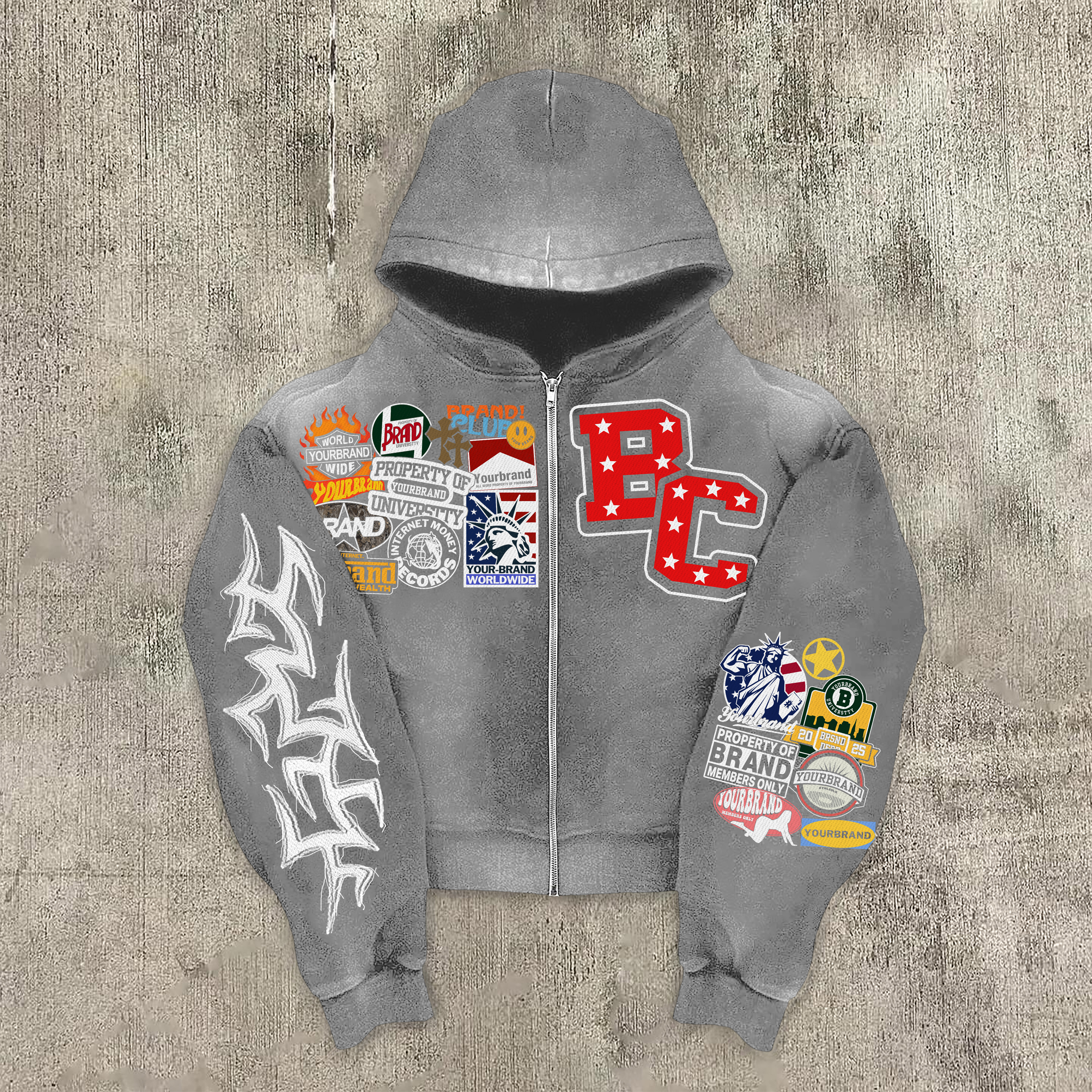 Vintage Warzone Peace Club Graphic Washed Zip-Up Hoodie