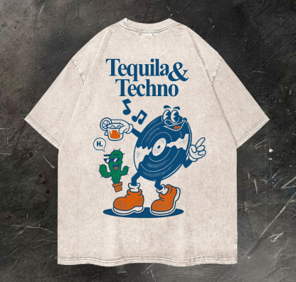 Tequila & Techno Printed Vintage Washed T-shirt（Double-sided Print）