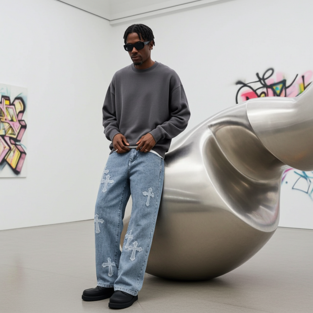 Men's Streetwear Denim Cross Embroidery Jeans